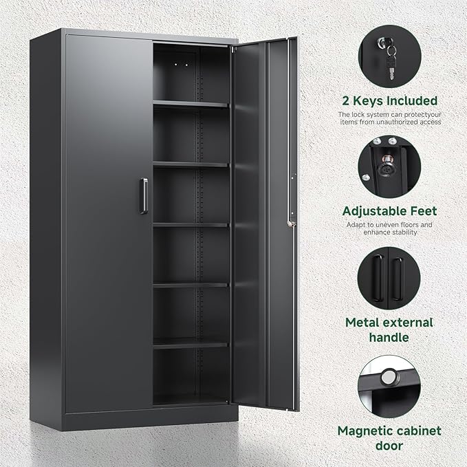 Letaya Metal Storage Cabinets with Lock Doors,Tall Locker Organizer Steel Garage Cabinets, 5 Adjustable Layers Shelves for Home, Office, Warehouse,Tool,Industrial(Black)