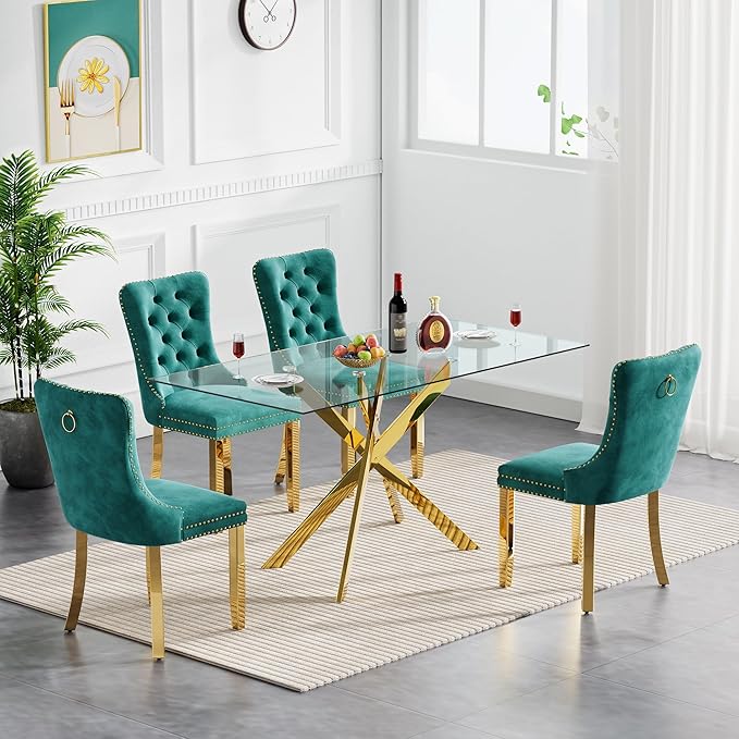 Goujxcy Glass Dining Table Set for 4, Modern Kitchen Table and Chairs Set of 4, 5-Piece Kitchen Dining Room Table Set w/51 Glass Gold Dining Table and 4 Green Velvet Upholstered Chairs
