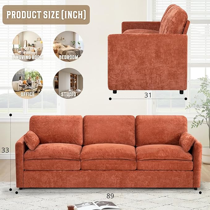 89" Chenille 3 Seats Sofa with 2 Pillows, Modern Upholstered Sofa with Deeper Seats, Comfy Sofa with Thickened Cushions for Living Room, Apartment, Orange