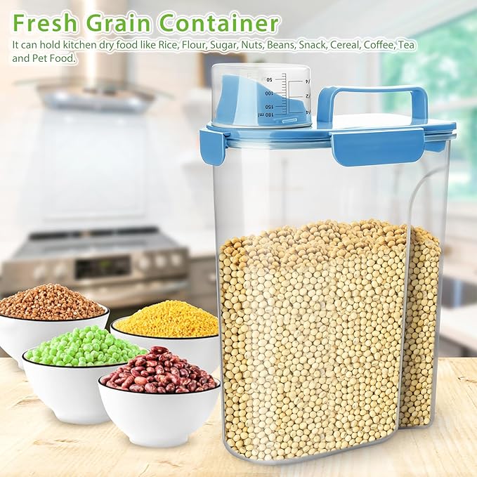 Rice Storage Container, 5 to 10lb Dry Food Airtight Dispenser, Pet Dog Cat Food Canister, BPA Free Clear Plastic Kitchen and Pantry Bin for Oatmeal, Cereal, Pasta, Flour Pack of 2 Blue