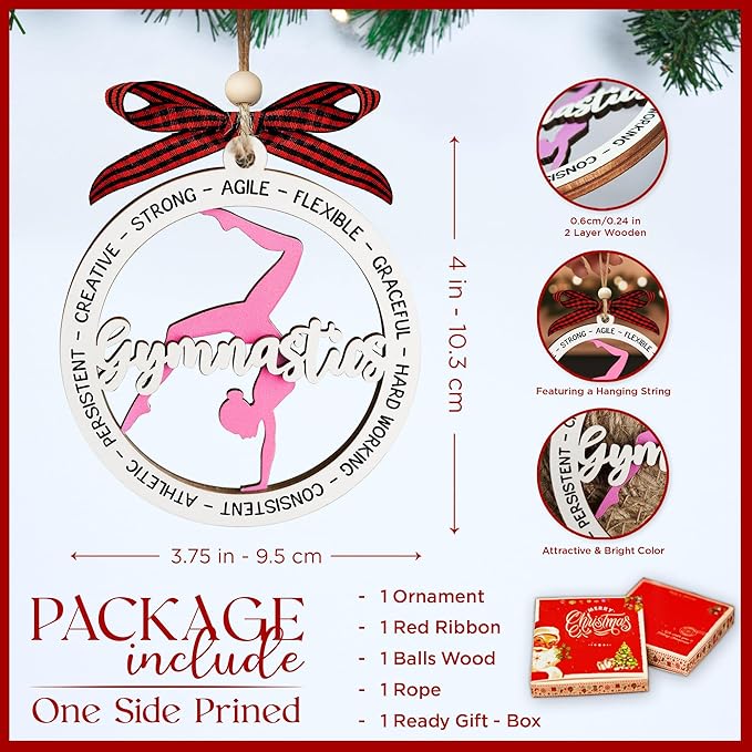 Gymnastics Ornament - 2 Layer Wooden Gymnast Ornament Girl - Gymnastics Gifts for Girls for Gymnasts - Gymnastic Ornaments for Christmas Tree - Gymnastic Gift for Kids, Althete