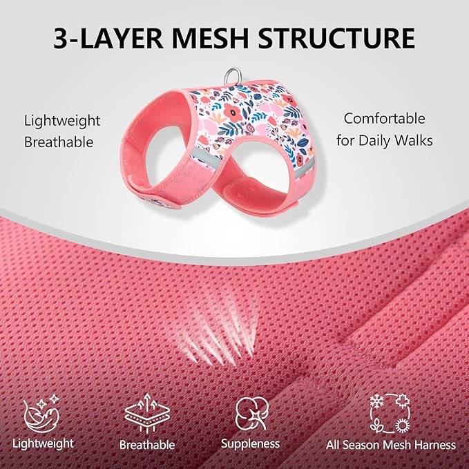 Dog Harness for Small Sized Dog,Hook-and-Loop Easy On/Off, Reflective Adjustable Soft Mesh Vest for Puppy (Pink Floral Print,S)