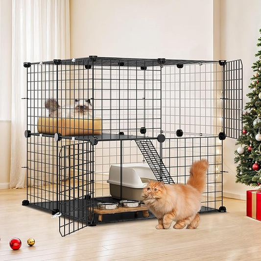 YITAHOME 2-Tier Cat Cage Indoor Outdoor: 28" L x 28" W x 28" H DIY Cat Enclosures Kitten Cage Pet Playpen Metal Kennel for 1-2 Cats Small Animals Ferret Kitty Squirrel