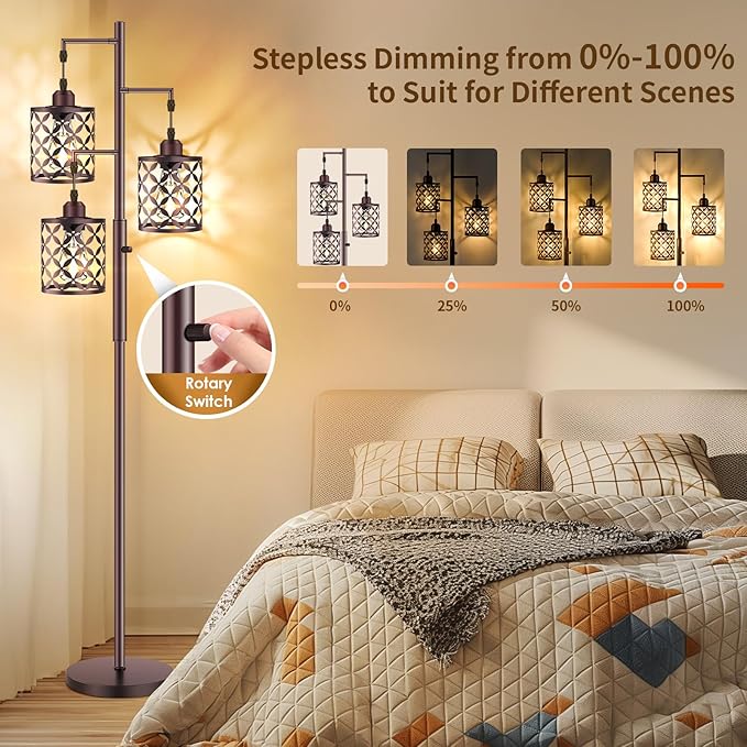 【Upgraded】72" Tall Dimmable Floor Lamp, Farmhouse Standing Lamp with Elegant Metal Cages, Industrial Tree Floor Lamps for Living Room, Bedroom, Study Room, Office (3 x 800LM LED Bulbs Included) -Brown