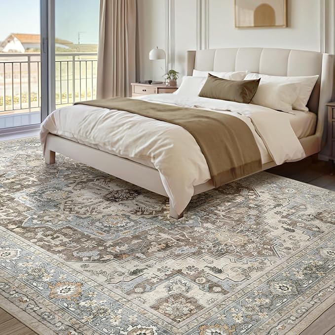 Area Rugs for Living Room 6x9 - Machine Washable Vintage Oriental Soft Rug, Low Pile Thin Floor Carpet with Non Slip Backing for Bedroom, Dorm, Under Dining Room Table, Indoor House, Office Decor