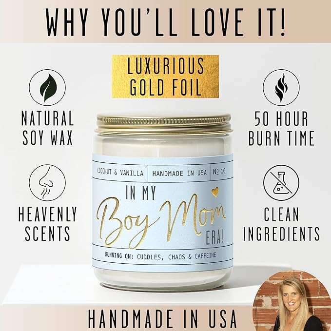 Boy Mom Gifts for Mothers Day - 'in My Boy Mom Era' Soy Candle, w/Vanilla, Coconut & Citrus I 50Hr Burn, Made in USA