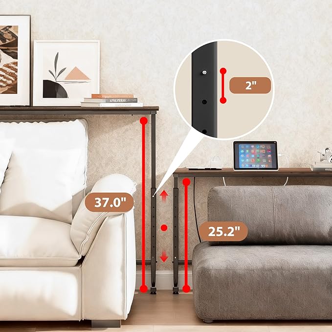 39 inch Narrow Console Table with Outlet,Adjustable Height(25"-37") Behind Sofa Table,Couch Behind Table Skinny,Couch Shelf with Charging Station,Long Entryway Tables for Living Room,Brown