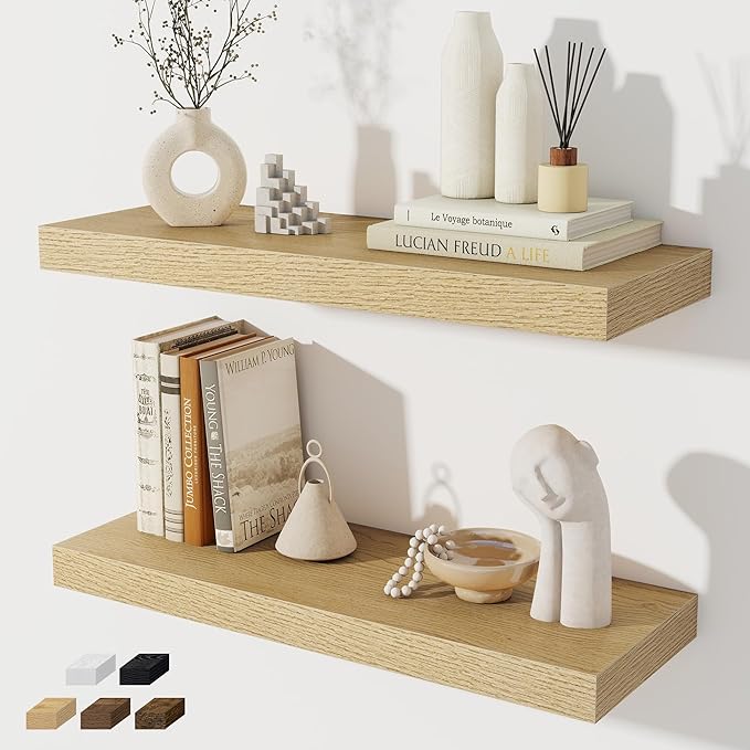 Floating Shelves for Wall, 24 Inch Floating Shelves Set of 2, Wall Mounted Rustic Wood Shelf for Bathroom, Living Room, Bedroom and Kitchen, Hanging Shelf for Storage, Books, Home Decor, Oak