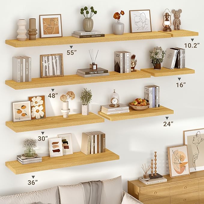Vivelove 10" Deep Floating Shelves with Invisible Brackets, 48" Wall Shelves for Bathroom Bedroom Kitchen Living Room Laundry Room, Modern Rustic Shelves for Home Decor, 48"x10.2"x1.5", Set of 2, Oak