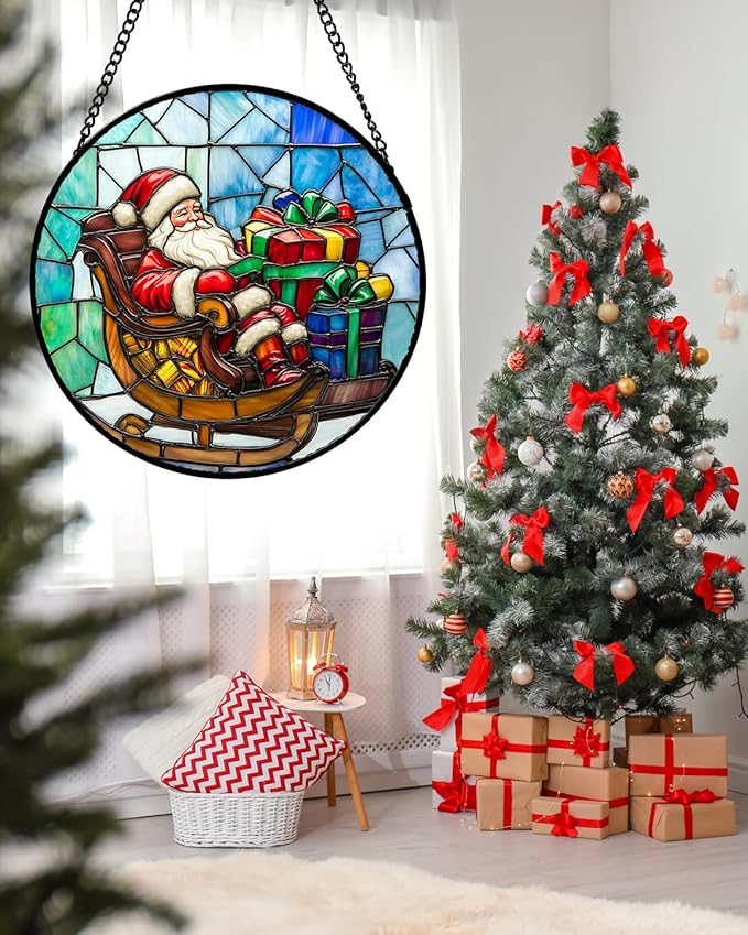 Stained Glass Window Hanging - Santa Claus Gift BoxSuncatcher for Doors Home Christmas Decoration Winter Sun Catcher Thanksgiving New Year Birthday Gift for Women Men Mom Nana 11.8 in