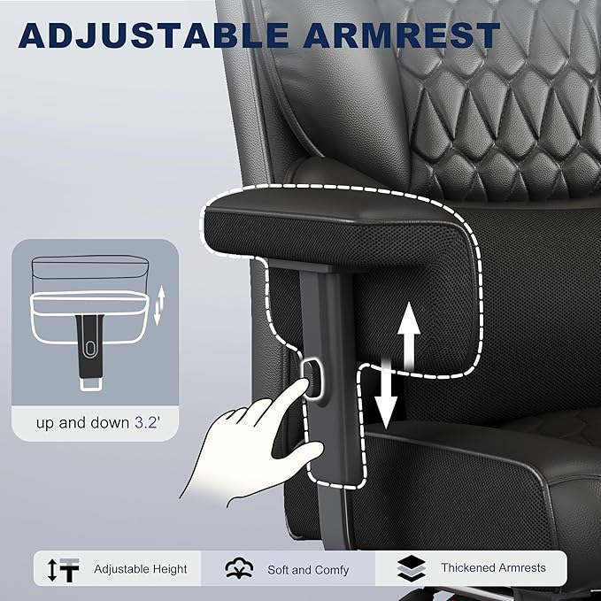 Misolant Big and Tall Office Chair with Footrest, High Back Executive Desk Chair with Adjustable Lift Armrest, 155°Recline，Lumbar Support Pillow, Faux Leather Gaming Chairs for Home or Office Black