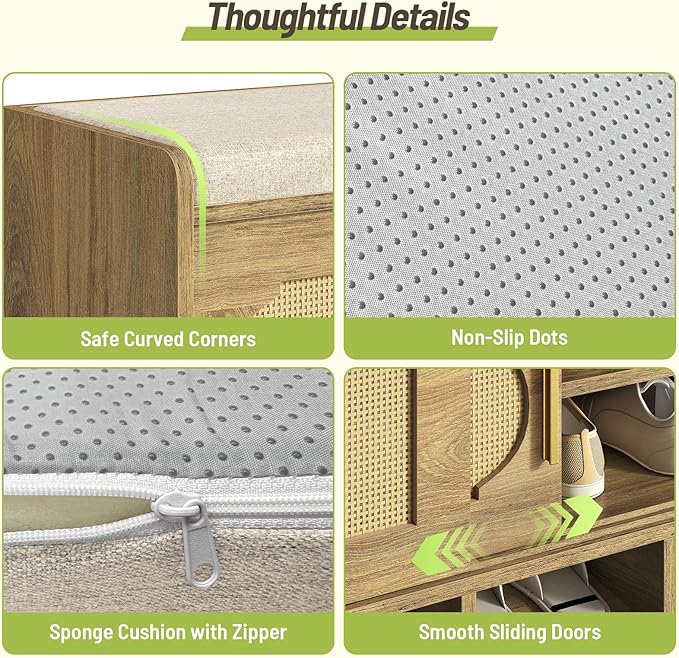 39.4" Wide Shoe Storage Bench, 2-Tier Rattan-Style Shoe Bench with Cushion Seat and 4 Open Compartments, Double Sliding Door and Adjustable Shelves, for Entryway, Hallway, Natural Pecan