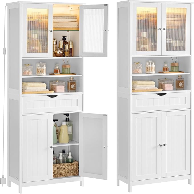 VASAGLE Storage Cabinet with LED Lights, Freestanding Storage Unit with Adjustable Shelves, Drawer, Open Compartments, for Bathroom, Living Room, Kitchen, Cloud White UBBC767WH01S