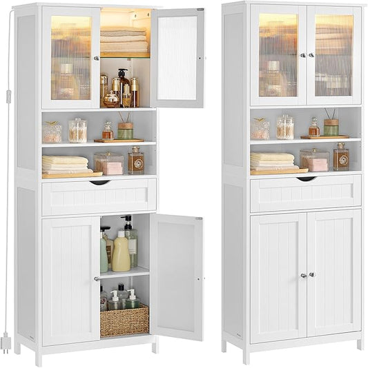 VASAGLE Storage Cabinet with LED Lights, Freestanding Storage Unit with Adjustable Shelves, Drawer, Open Compartments, for Bathroom, Living Room, Kitchen, Cloud White UBBC767WH01S