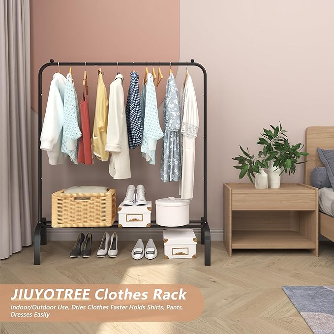 JIUYOTREE Metal Clothing Rack, 43.3 Inches Garment Rack with Bottom Shelf for Hanging Clothes, Coats, Skirts, Shirts, Sweaters, Black