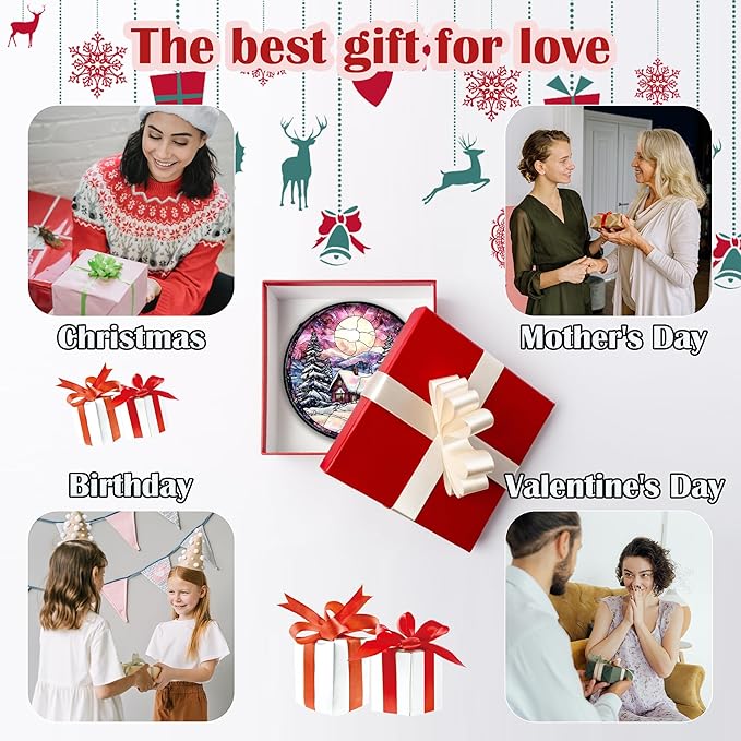 Stained Glass Window Hanging - Winter Snow Scene Cabin Moon Sun Catcher for Door Garden Home Decor Pine Tree Suncatcher Christmas Mother's Day Birthday Gifts for Women Men Mom Nana 15 in