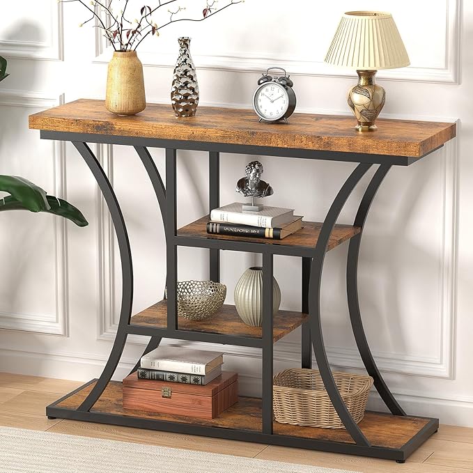 41.3'' Industrial Sofa Table with 4 Tier Storage Shelves, Narrow Long Console Table Entryway Table with Curved Metal Frame, Rustic Wood Accent Table for Hallway, Foyer, Rustic Brown