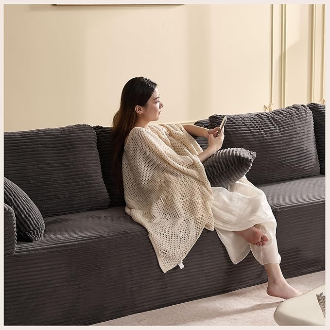 138" Boneless Couch with Deep Seat, Modular Sectional Sofa, Cloud Sectional Couch for Living Room, No Assembly Required, Corduroy, 4 Seater L-Shape Right, Grey