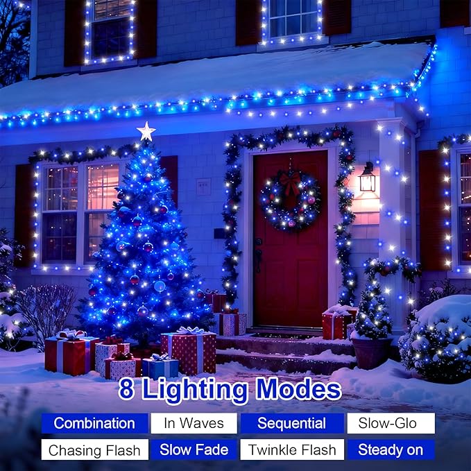 QITONG Blue and White Christmas Lights Outdoor Waterproof, 165ft 500 LED String Light Plug-in, Clear Wire Indoor Christmas Tree Lights with 8 Modes