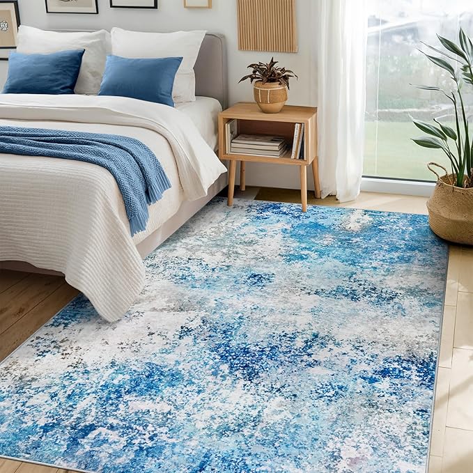 6x9 Area Rugs Living Room Rug - Washable Neutral Modern Abstract Large No Slip Soft Thin Rug Indoor Floor Carpet for Bedroom Under Dining Table Home Office Nursery Room - Blue White
