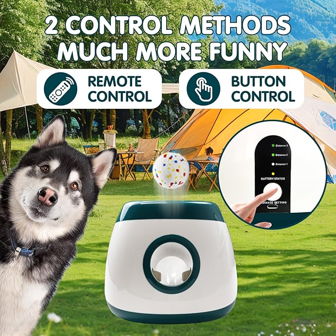 Automatic Dog Ball Launcher, Upgraded Interactive Dog Balls Thrower with 3 Distance 29Ft-79Ft, Remote Control Ball Launcher for Medium&Large Dogs, 6 Etpu Balls Included (Dark Green)