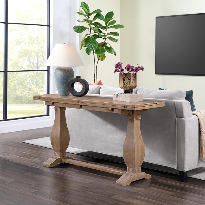 Martin Svensson Home Napa Solid Wood Pedestal Flip-Top Sofa Console Table, Driftwood