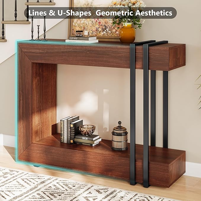 42.5" Console Table Behind Couch, 2-Tier Narrow Entryway Table with Storage, Wood Sofa Tables for Hallway/Entrance/Living Room/Foyer, Walnut Brown