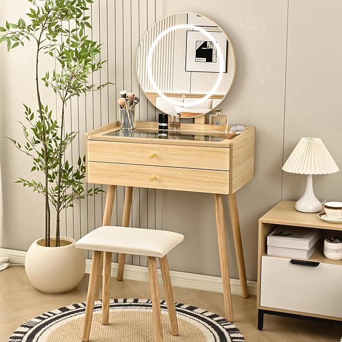 Small Vanity Desk with Mirror and Lights, Metal Handles with Cushioned Stool, 3 Lighting Modes Round Makeup Table with Glass Top, Compact Vanity for Small Spaces with 6-Grid Organizer, Natural Oak