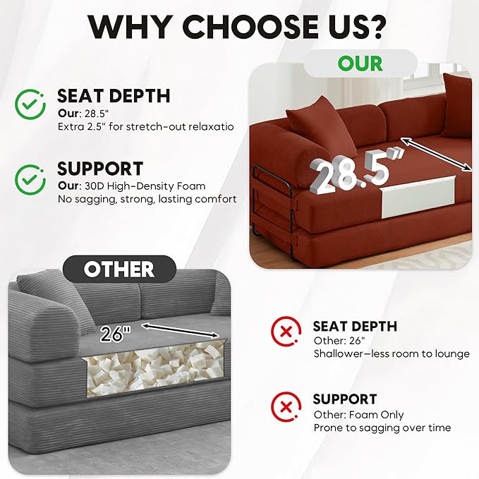 Convertible Sleeper Sofa Bed with Cylindrical Pillow, Corduroy Folding Boneless Couch with Fixed-Shape Frame, Floor Sofa Lounge Couch for Living Room Bedroom Lounge Studio-Ancora Red