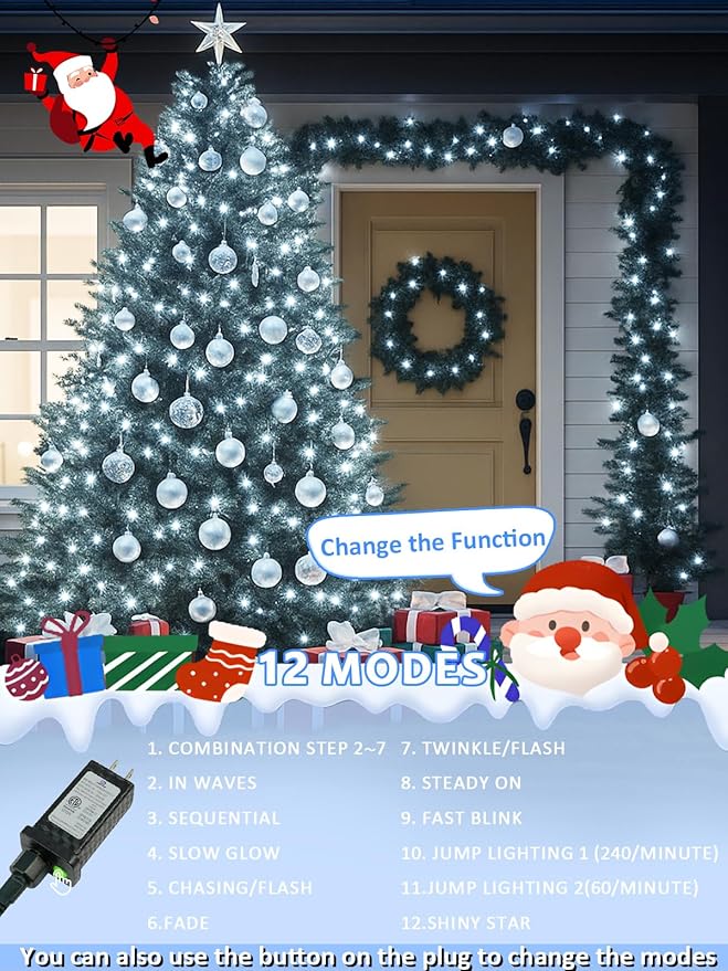 Voice Controlled Smart Christmas Lights Outdoor, 75.8ft 200 LED Extendable String Lights with 7 Voice Commands, 12 Modes & Timer, Waterproof Christmas Decorations for Party Tree Garden (Cool White)