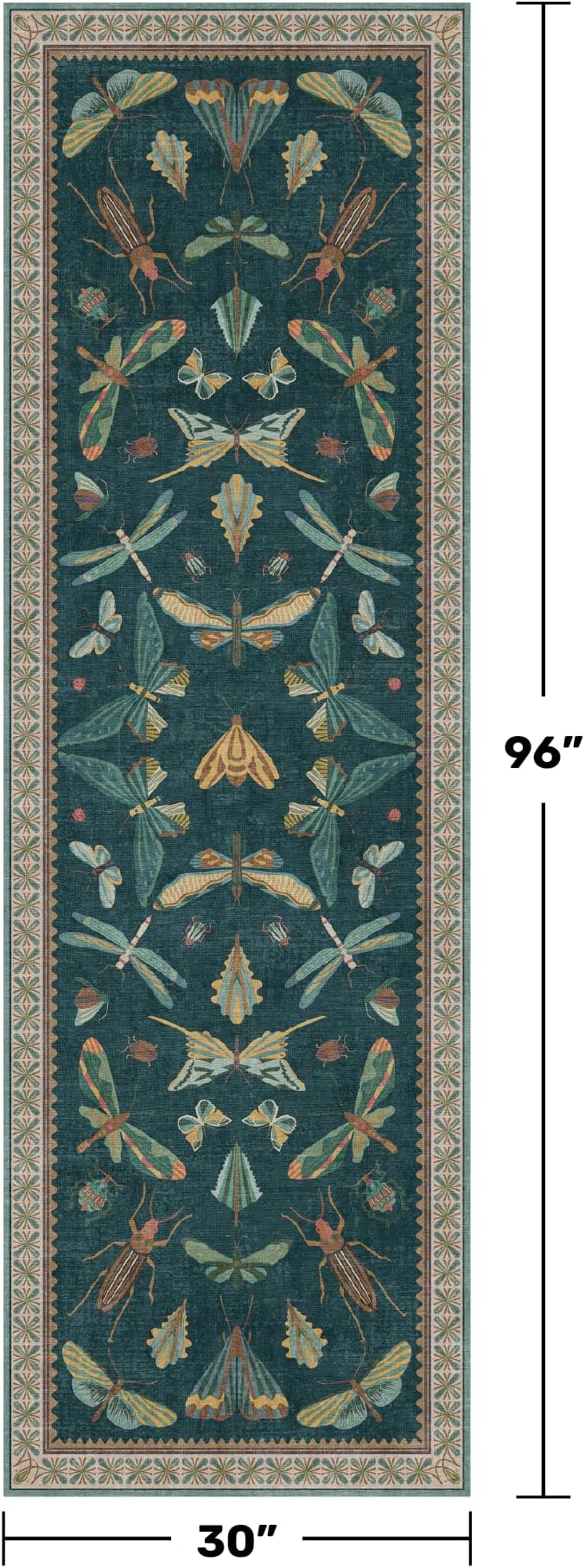 Wide Runner Rug for Hallway 2'6"x8' - Green Runner Rug for Kitchen, Hall Way, Washable Foldable Boho Insect Deor