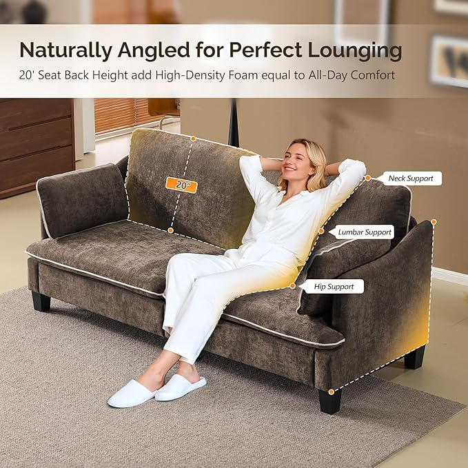 VINGLI 84" W Oversized Comfy Two Seat Love Seat, 37" Extra Deep Seat Piping Design Loveseat Couch with Two Pillows, Linen Fabric Modern Small Sofa for Small Living Room, Bedroom, Brown