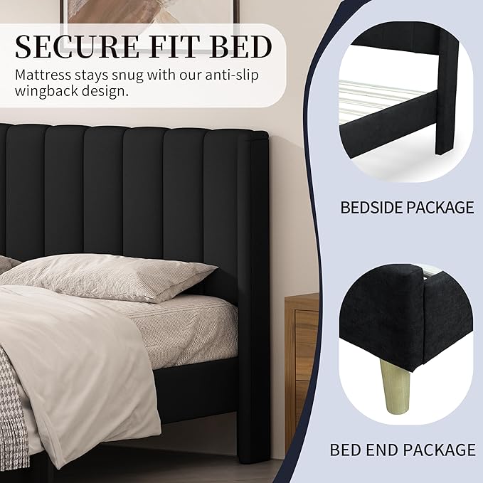 Queen Size Upholstered Platform Bed Frame with Modern Wingback & Vertical Panel Headboard, Linen Fabric, Wooden Legs & Slats Support, No Box Spring Needed, Noise-Free & Easy Assembly, Black