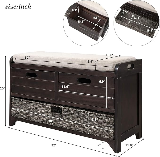 Fully Assembled Storage Bench with Cushioned Seat, 2 Drawers & Removable Basket, Solid Wood Entryway Shoe Bench for Bedroom, Hallway, Living Room (Espresso)