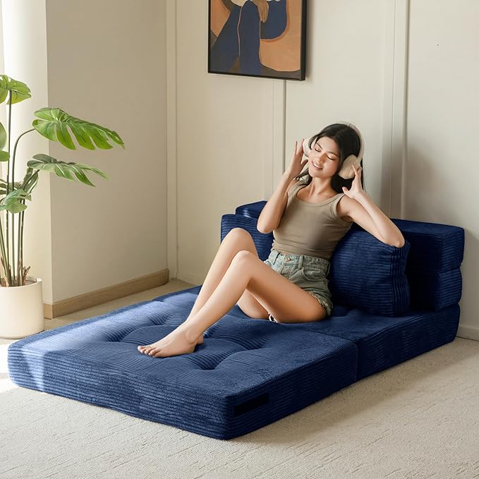 MAXYOYO Convertible Sofa Bed, Fold Out Loveseat Sleeper Sofa with Pillow, 4 in 1 Tufted Folding Couch Bed Foam Floor Couch, Lazy Chair for Living Room Bedroom Guest Room, Navy