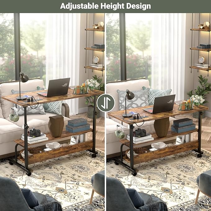 39" Height Adjustable Standing Desk with Power Outlets - Manual Rolling Stand Up Desk with Wheels Small Portable Computer Desk Mobile Laptop Table with Storage Shelves for Home Office, Rustic