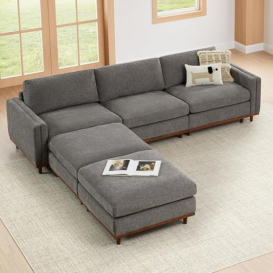 CHITA Super Large Luxury L Shape Convertible Sectional Modular Sofa, Down Filled Modern Sofa, Deep Seat Cloud Couch, 118 inch Width, 5 Seat Couch with Chaise, 2 Ottomans, Solid Wood Leg, Grey