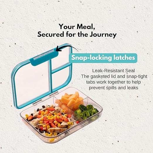 MyGo Pro Rectangular Container, 3-Compartment Clear Heavy Duty Plastic Food Storage Container, Portable Sleek Design, Spill-Resistant with Removable Gasket, 6.25" L X 9" W X 2" H