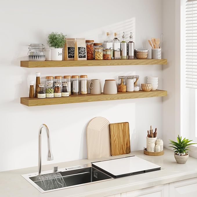 Fun Memories Floating Shelves for Wall, 55Inch Floating Shelves Set of 2, Hanging Shelf with Invisible Brackets, Wood Shelves for Living Room, Bedroom, Kitchen, Oak