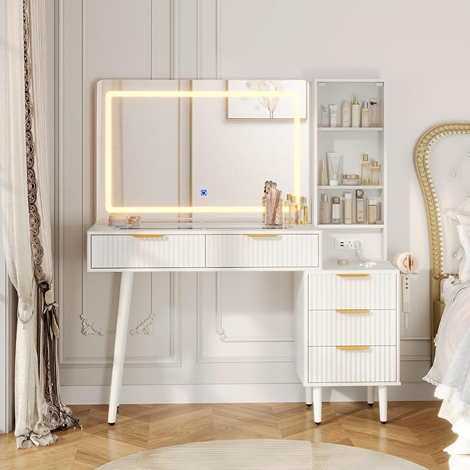 Makeup Vanity Desk with Mirror and Lights, 48" Fluted Makeup Table with Glass Top, Vanity Desk with 5 Drawers, Open Shelf & Power Outlet, Modern Dressing Table for Bedroom Living Room