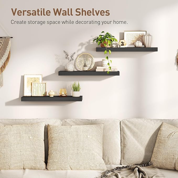 Floating Shelves for Wall, 1.5" Thick Wall Shelf Set of 3 with Invisible Brackets, 23.6L x 7.9W Hanging Book Shelves Farmhouse Home Decor for Bathroom, Living Room, Bedroom, Black 6301BJP3BK