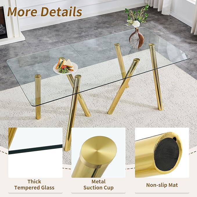 LKTART 71" Rectangular Dining Table for 6-8, Gold Dining Table with Tempered Glass Tabletop & Metal Legs, Large Glass Dinner Table for Home Kitchen