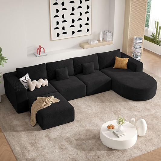 134" Boneless Couches for Living Room,Big Modular Sectional Sofa with Ottoman,Cloud Couch in a Box,Sponge Compression U Shaped Sofas with Chaise No Assembly Required,Black,1pcs