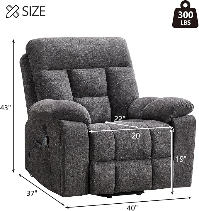 CANMOV Large Power Lift Recliner Chair with Massage and Heat for Elderly Big and Tall People, Overstuffed Wide Recliners with 2 Cup Holders, Side Pocket and USB Port, Dark Grey