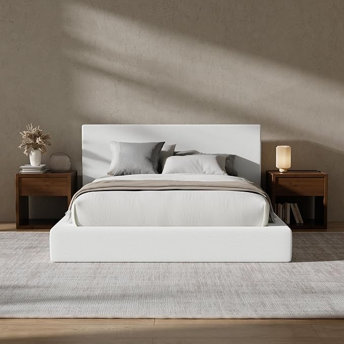 RECCI Cloud Upholstered Full Bed Frame with Headboard, 5 Inch Foam Padded Platform, No Box Spring, Easy Assembly (Off-White)