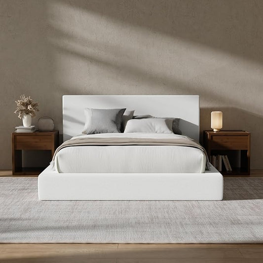 RECCI Cloud Upholstered Full Bed Frame with Headboard, 5 Inch Foam Padded Platform, No Box Spring, Easy Assembly (Off-White)