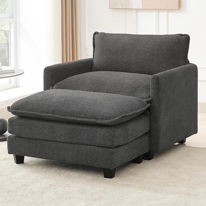 ROWHY Convertible Sectional Couch with Ottoman, Single Armchair with armrests, Modern Living Room Furniture Set, Small Couches for Small Spaces, for Living Room, Chenille, Charcoal Grey