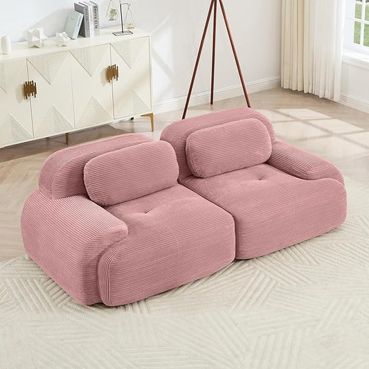 80" Modern Compressed Boneless Love Seat Couches, 2 Seater Large Sectional Couches for Living Room, Pink Corduroy Cloud Modular Sectional Sofa, Memory Foam, Extra Deep Loveseat, No Assembly