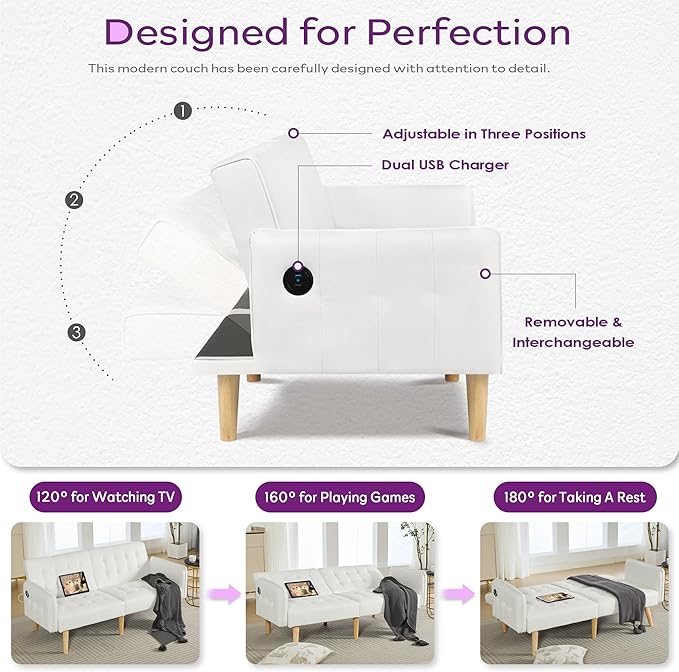 TYBOATLE Modern White Faux Leather Upholstered Convertible USB Folding Futon Sofa Bed, 65" Couch, Love Seats Furniture for Small Space Configuration, Apartment, Dorm, Living Room, Office