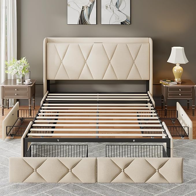 Feonase Queen Bed Frame with 4 Storage Drawers, Upholstered Button Tufted 4" Storage Headboard with Fast Charging Station, Heavy Duty Slats Support, No Box Spring Needed, Noise-Free, Beige